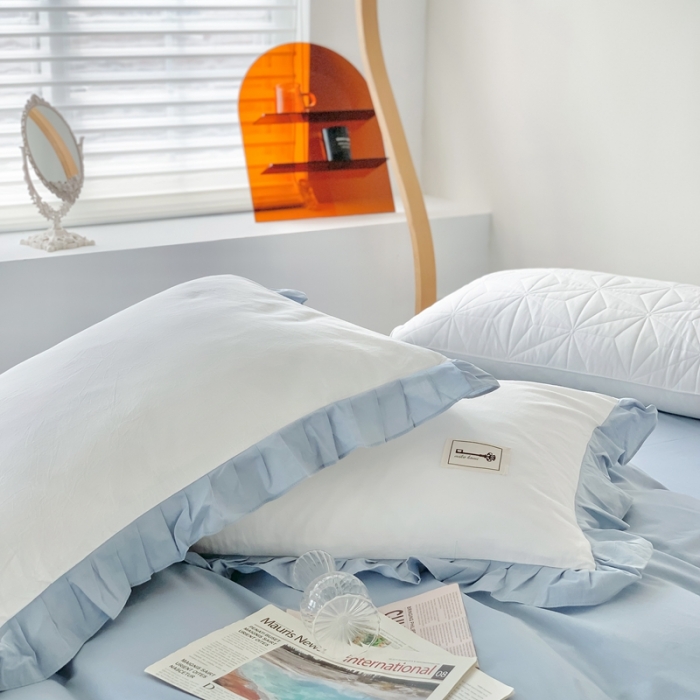 91家纺网 家纺一手货源 找家纺 橙艺家居 2022新款全棉色织水洗花边纯色四件套套件 天真蓝