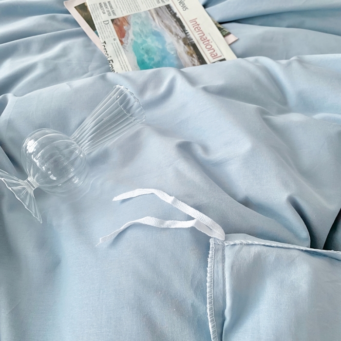 91家纺网 家纺一手货源 找家纺 橙艺家居 2022新款全棉色织水洗花边纯色四件套套件 天真蓝