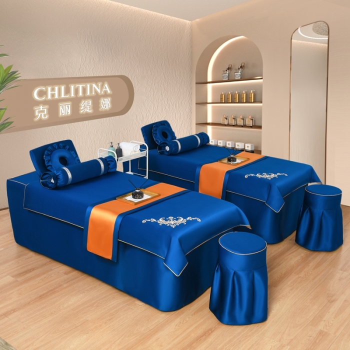 91家纺网 家纺一手货源 找家纺 莉人坊美容床罩批发 2023绸缎角花美容床罩四件套 角花宝蓝