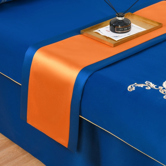 91家纺网 家纺一手货源 找家纺 莉人坊美容床罩批发 2023绸缎角花美容床罩四件套 角花宝蓝