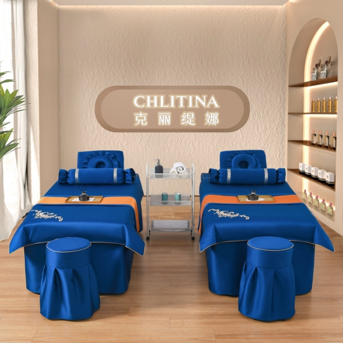 91家纺网 家纺一手货源 找家纺 莉人坊美容床罩批发 2023绸缎角花美容床罩四件套 角花宝蓝