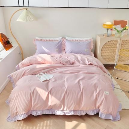 橙艺家居 2022新款全棉色织水洗花边纯色四件套套件 胭脂粉