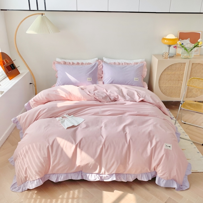 91家纺网 家纺一手货源 找家纺 橙艺家居 2022新款全棉色织水洗花边纯色四件套套件 胭脂粉