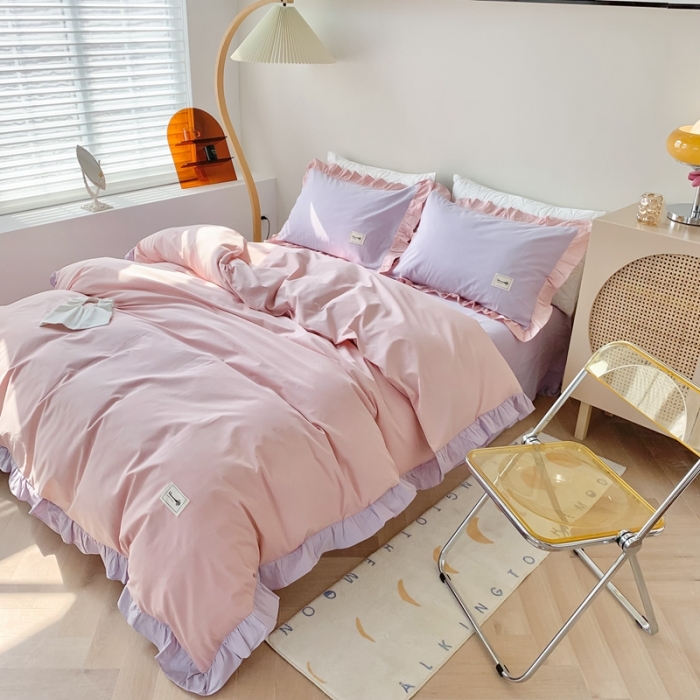 91家纺网 家纺一手货源 找家纺 橙艺家居 2022新款全棉色织水洗花边纯色四件套套件 胭脂粉