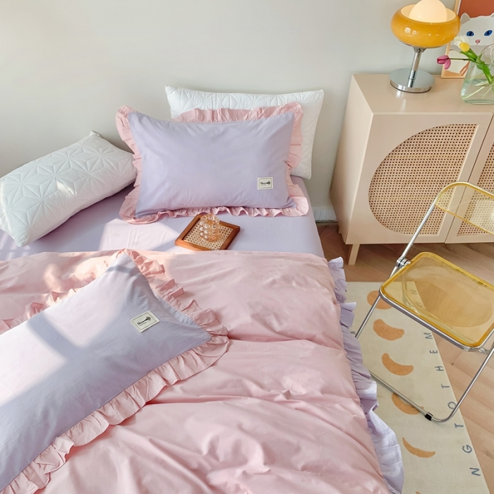 91家纺网 家纺一手货源 找家纺 橙艺家居 2022新款全棉色织水洗花边纯色四件套套件 胭脂粉