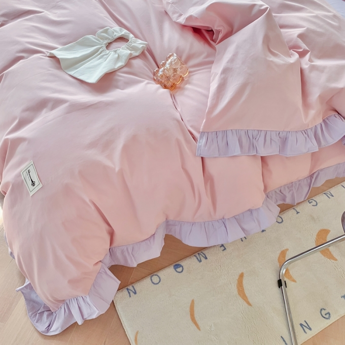 91家纺网 家纺一手货源 找家纺 橙艺家居 2022新款全棉色织水洗花边纯色四件套套件 胭脂粉