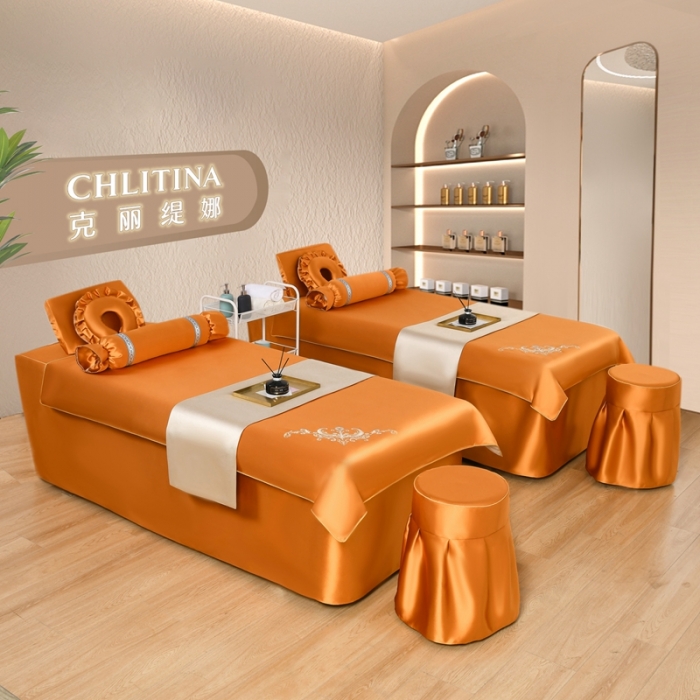 91家纺网 家纺一手货源 找家纺 莉人坊美容床罩批发 2023绸缎角花美容床罩四件套 角花橙