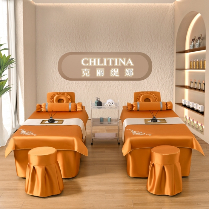 91家纺网 家纺一手货源 找家纺 莉人坊美容床罩批发 2023绸缎角花美容床罩四件套 角花橙