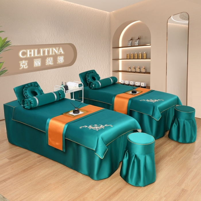 91家纺网 家纺一手货源 找家纺 莉人坊美容床罩批发 2023绸缎角花美容床罩四件套 角花黛绿