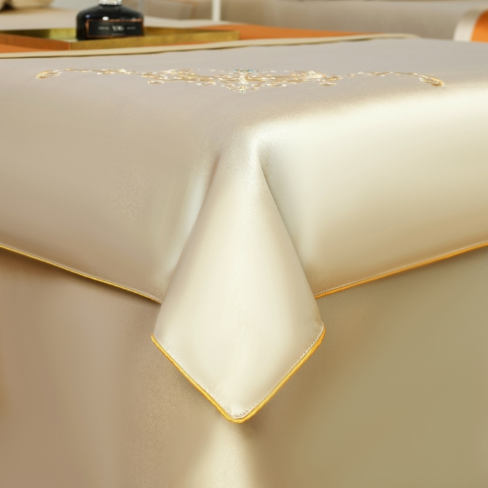 91家纺网 家纺一手货源 找家纺 莉人坊美容床罩批发 2023绸缎角花美容床罩四件套 角花米黄