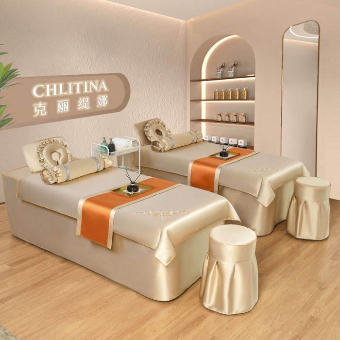 91家纺网 家纺一手货源 找家纺 莉人坊美容床罩批发 2023绸缎角花美容床罩四件套 角花米黄