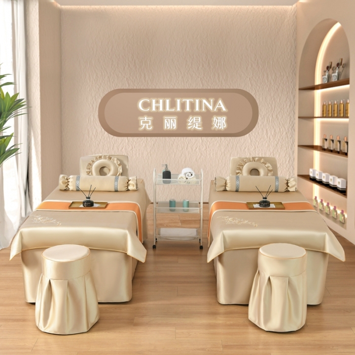 91家纺网 家纺一手货源 找家纺 莉人坊美容床罩批发 2023绸缎角花美容床罩四件套 角花米黄