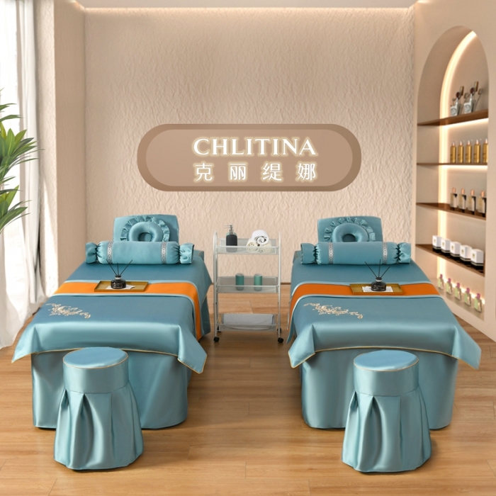 91家纺网 家纺一手货源 找家纺 莉人坊美容床罩批发 2023绸缎角花美容床罩四件套 角花浅蓝