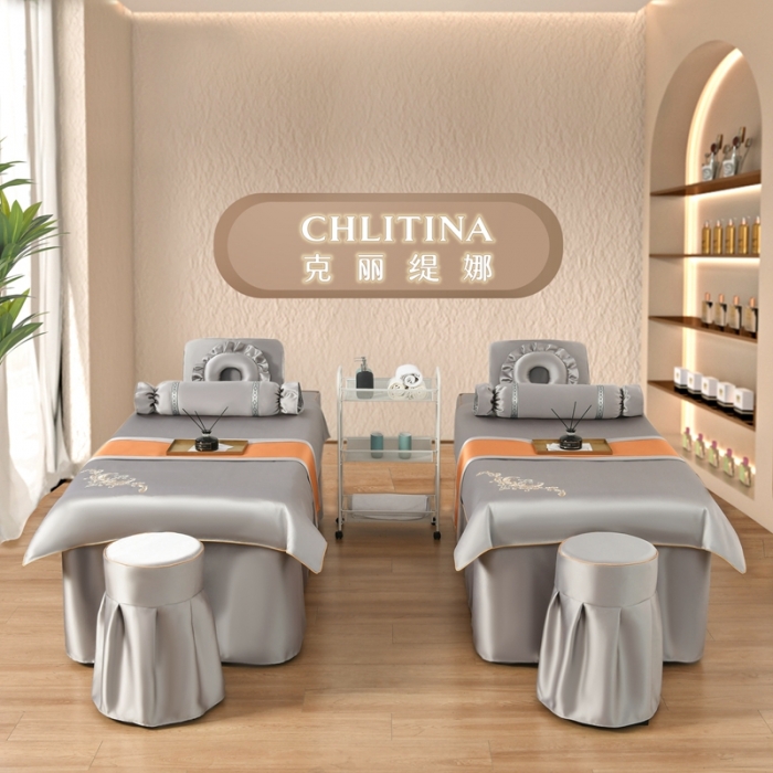 91家纺网 家纺一手货源 找家纺 莉人坊美容床罩批发 2023绸缎角花美容床罩四件套 角花雅灰