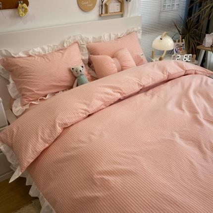 91家纺网 家纺一手货源 找家纺 （总）橙艺家居 2022新款全棉色织水洗花边细条纹四件套套件,蜜桃粉,牛仔蓝,浅卡其