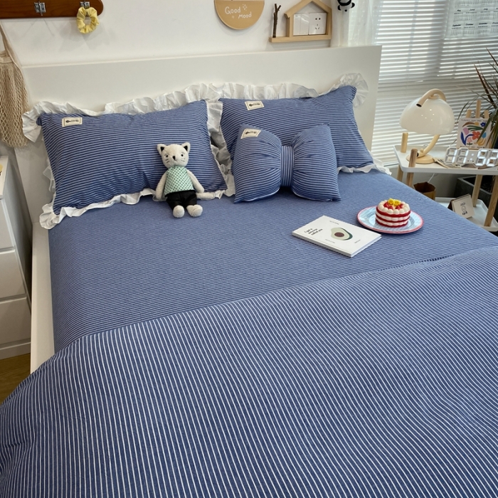 91家纺网 家纺一手货源 找家纺 橙艺家居 2022新款全棉色织水洗花边细条纹四件套 牛仔蓝