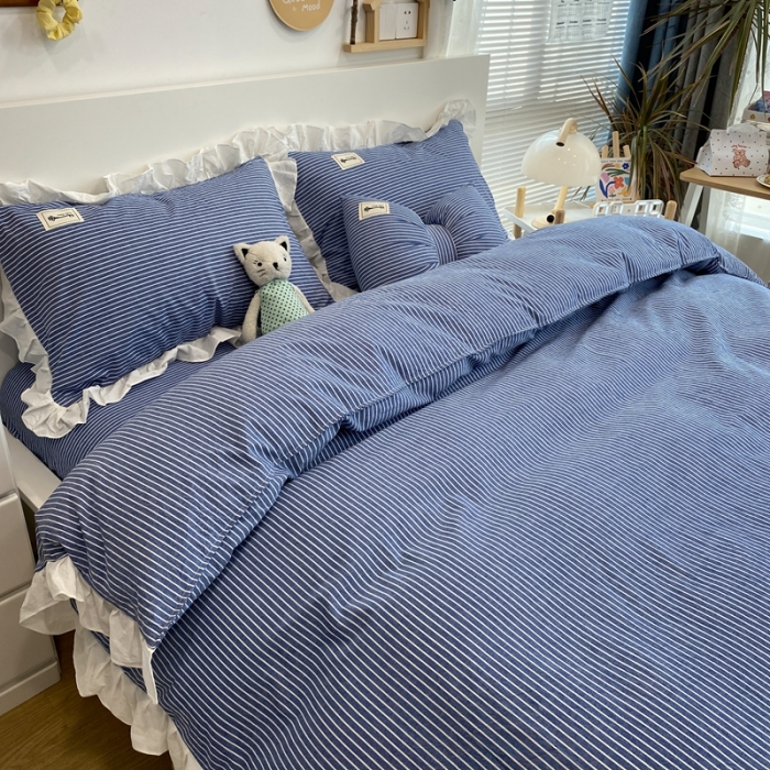 91家纺网 家纺一手货源 找家纺 橙艺家居 2022新款全棉色织水洗花边细条纹四件套 牛仔蓝