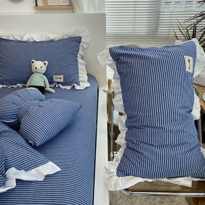 91家纺网 家纺一手货源 找家纺 橙艺家居 2022新款全棉色织水洗花边细条纹四件套 牛仔蓝
