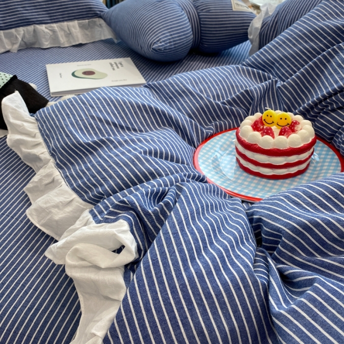 91家纺网 家纺一手货源 找家纺 橙艺家居 2022新款全棉色织水洗花边细条纹四件套 牛仔蓝