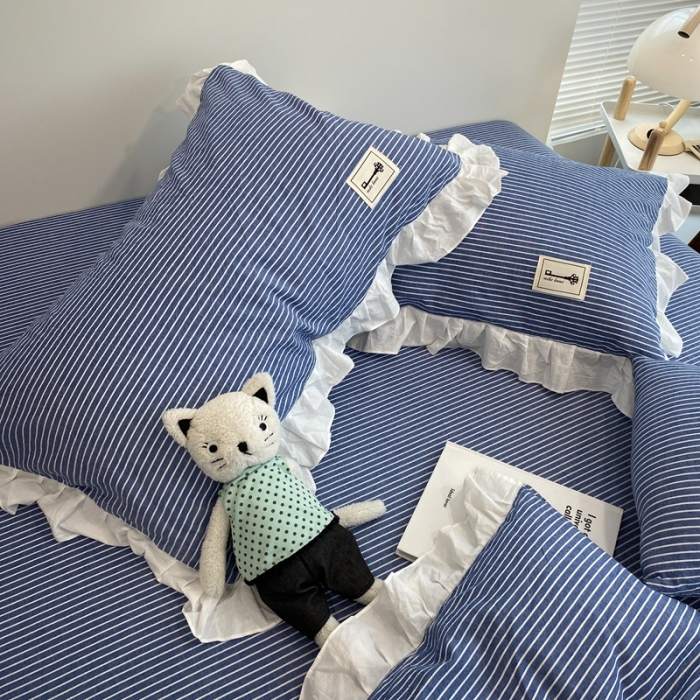 91家纺网 家纺一手货源 找家纺 橙艺家居 2022新款全棉色织水洗花边细条纹四件套 牛仔蓝