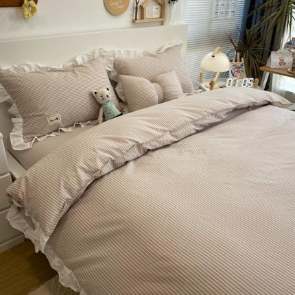橙艺家居 2022新款全棉色织水洗花边细条纹四件套 浅卡其