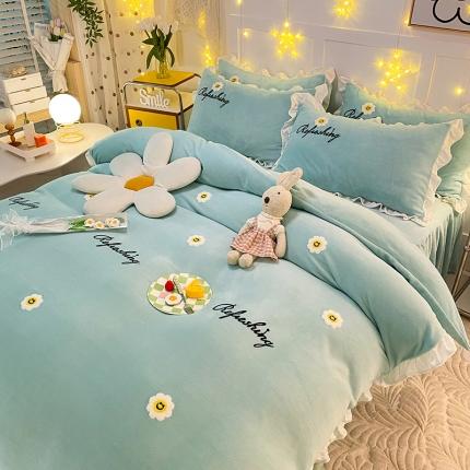 2023直播爆款高克重牛奶绒公主风花边款四件套太阳花 冰湖蓝