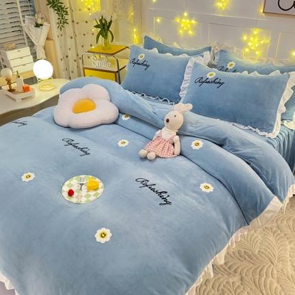 2023 直播爆款高克重牛奶绒公主风花边款四件套太阳花雾霾蓝