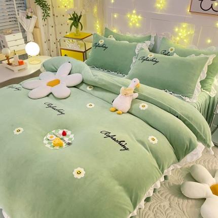 2023直播爆款高克重牛奶绒公主风花边款四件套太阳花 香草绿