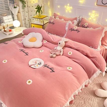 2023直播爆款高克重牛奶绒公主风花边款四件套太阳花 浅豆沙