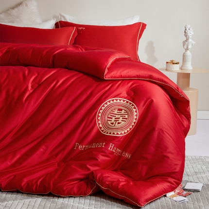 91家纺网 家纺一手货源 找家纺 2025新款喜事连连100支长绒棉大豆婚庆被结婚喜庆被大红