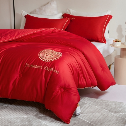 91家纺网 家纺一手货源 找家纺 2025新款喜事连连100支长绒棉大豆婚庆被结婚喜庆被大红