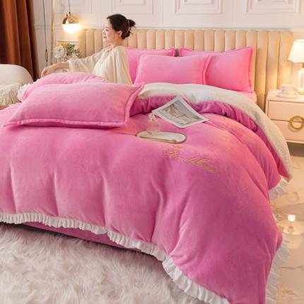 简爱家纺 2025年韩版花边法莱绒羊羔绒四件套-回忆-粉红