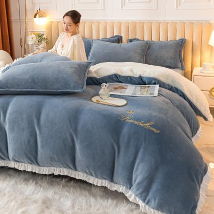 91家纺网 家纺一手货源 找家纺 简爱家纺 2025年韩版花边法莱绒羊羔绒四件套-回忆-蓝灰