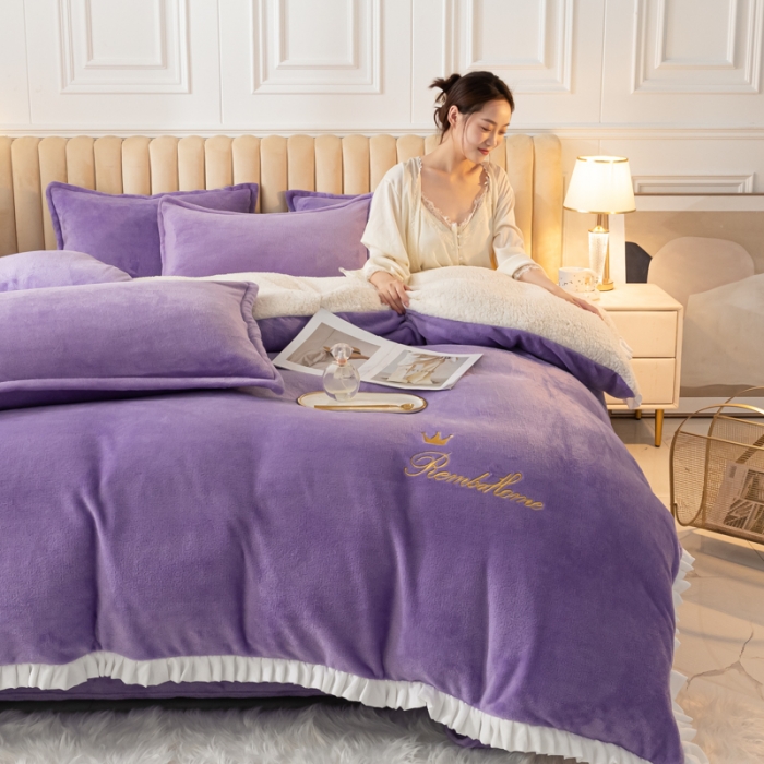91家纺网 家纺一手货源 找家纺 简爱家纺 2025年韩版花边法莱绒羊羔绒四件套-回忆-浅紫