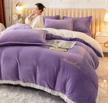 简爱家纺 2025年韩版花边法莱绒羊羔绒四件套-回忆-浅紫