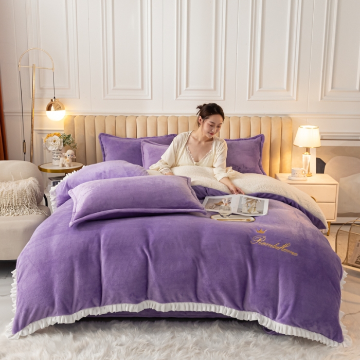 91家纺网 家纺一手货源 找家纺 简爱家纺 2025年韩版花边法莱绒羊羔绒四件套-回忆-浅紫