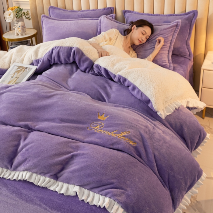 91家纺网 家纺一手货源 找家纺 简爱家纺 2025年韩版花边法莱绒羊羔绒四件套-回忆-浅紫