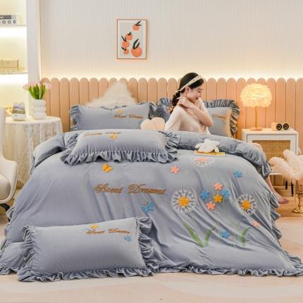 唐人居 2025新款宝宝绒毛巾绣花边四件套-蒲公英之恋-灰