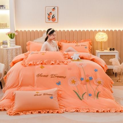 91家纺网 家纺一手货源 找家纺 唐人居 2025新款宝宝绒毛巾绣花边四件套- 蒲公英之恋-橘