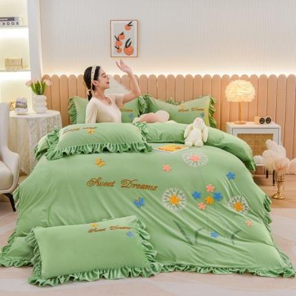 唐人居 2025新款宝宝绒毛巾绣花边四件套-蒲公英之恋-绿