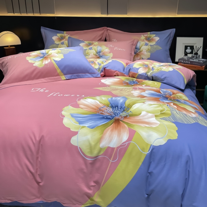 91家纺网 家纺一手货源 找家纺 金爱家2023新款大版磨毛四件套花卉系列贝瑶-粉