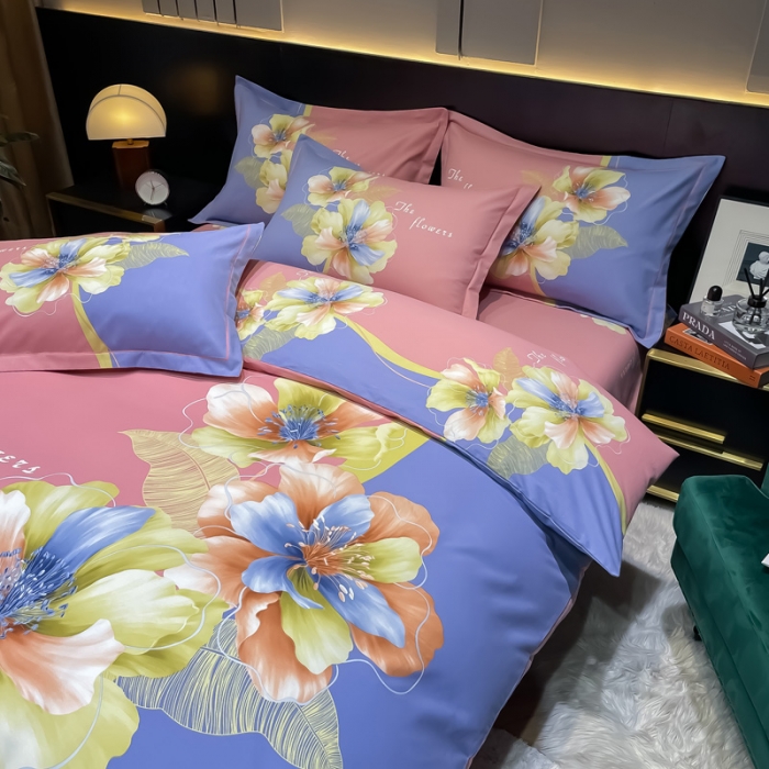 91家纺网 家纺一手货源 找家纺 金爱家2023新款大版磨毛四件套花卉系列贝瑶-粉