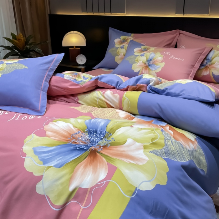 91家纺网 家纺一手货源 找家纺 金爱家2023新款大版磨毛四件套花卉系列贝瑶-粉