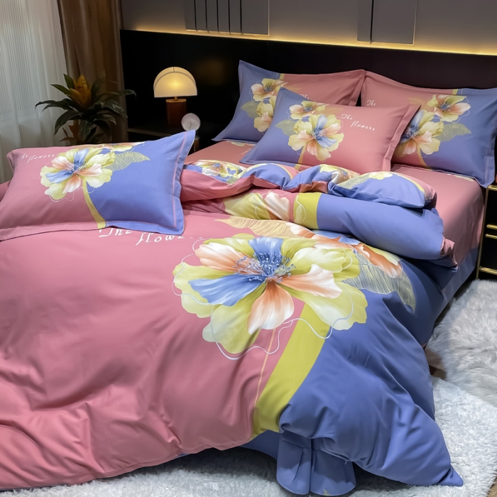 91家纺网 家纺一手货源 找家纺 金爱家2023新款大版磨毛四件套花卉系列贝瑶-粉