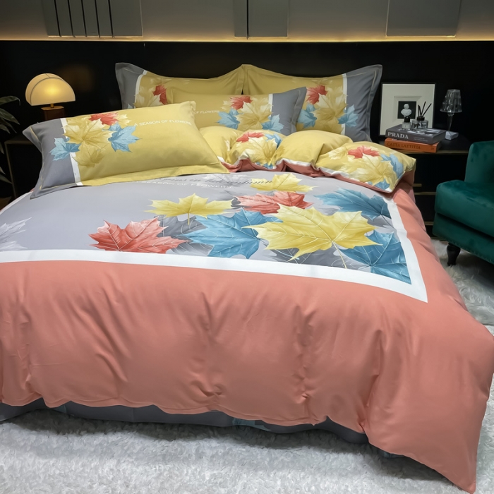 91家纺网 家纺一手货源 找家纺 金爱家2023新款大版磨毛四件套花卉系列枫叶曼林