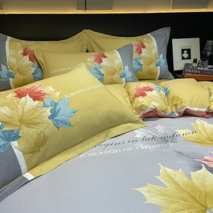 91家纺网 家纺一手货源 找家纺 金爱家2023新款大版磨毛四件套花卉系列枫叶曼林