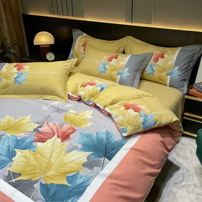 91家纺网 家纺一手货源 找家纺 金爱家2023新款大版磨毛四件套花卉系列枫叶曼林