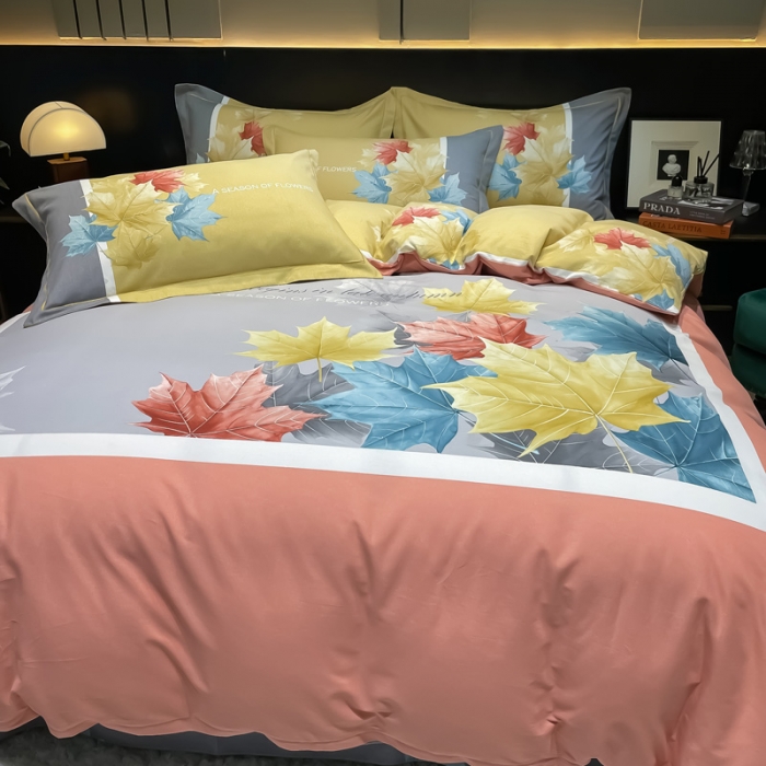 91家纺网 家纺一手货源 找家纺 金爱家2023新款大版磨毛四件套花卉系列枫叶曼林