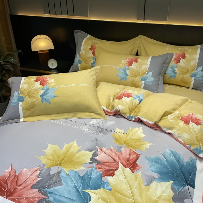 91家纺网 家纺一手货源 找家纺 金爱家2023新款大版磨毛四件套花卉系列枫叶曼林