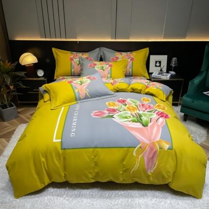 91家纺网 家纺一手货源 找家纺 金爱家2023新款大版磨毛四件套花卉系列曼妙时光-黄